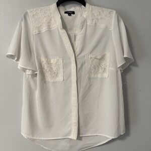 Elementz Womens Blouse Lightweight Ivory Lace Trimmed Hutton Up Short Sleeved 1X